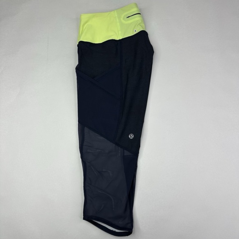 Lululemon Athletica Navy Neon Green Mesh Pocket Cropped Leggings Size 4 - Picture 2 of 12